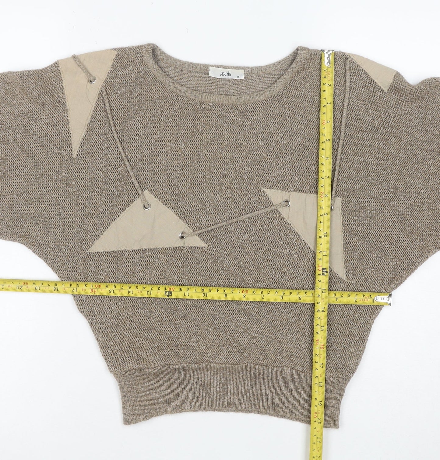 Isola Womens Beige Silk Blend 80s Geometric Crew Neck Jumper Size 12