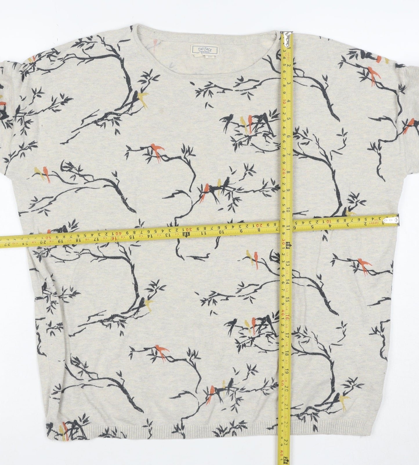 Fat Face Women's Beige Bird Print Cotton Jumper Size 14