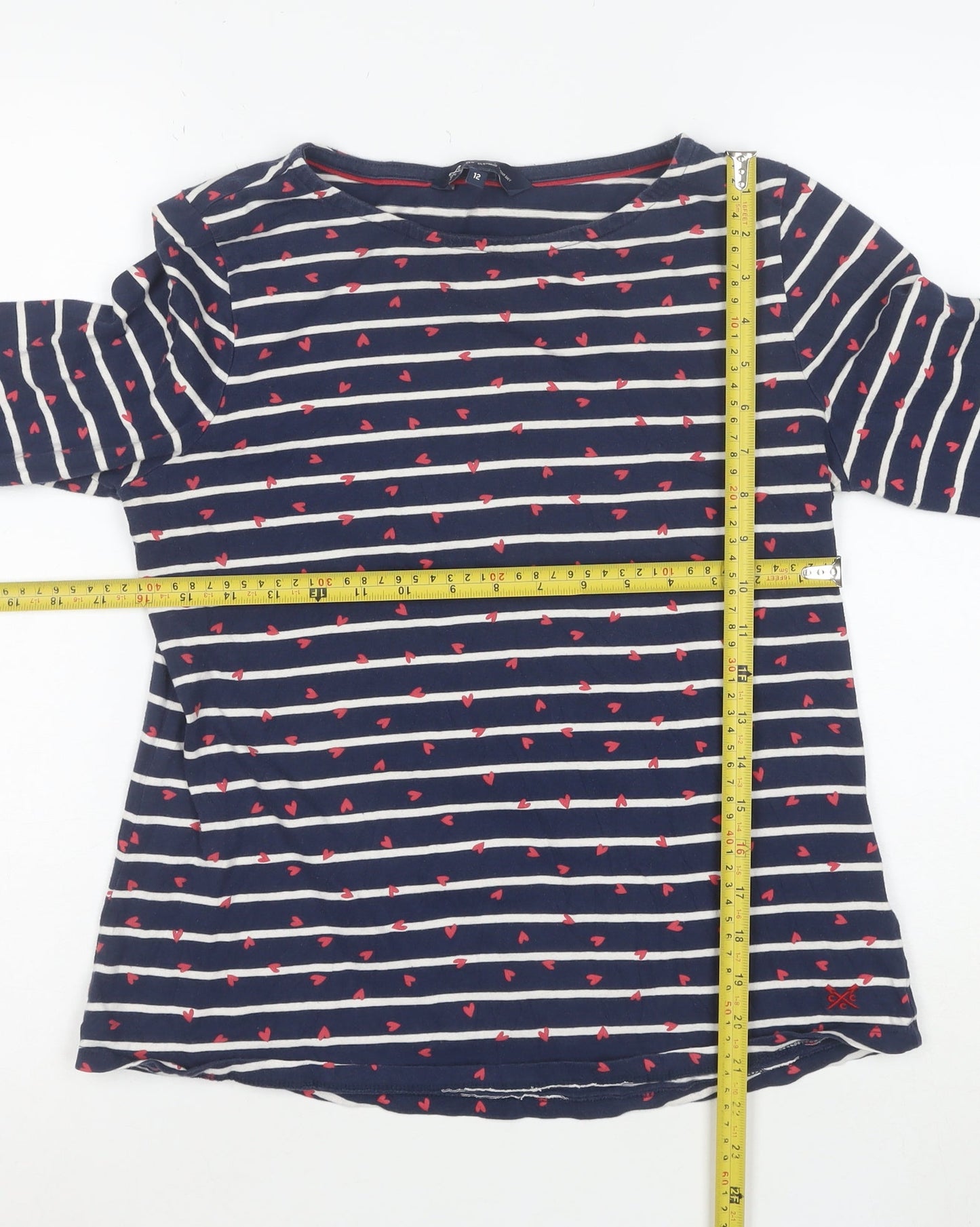 Crew Clothing Women’s Blue Striped Heart Boat Neck 3/4 Sleeve Cotton Top Size 12