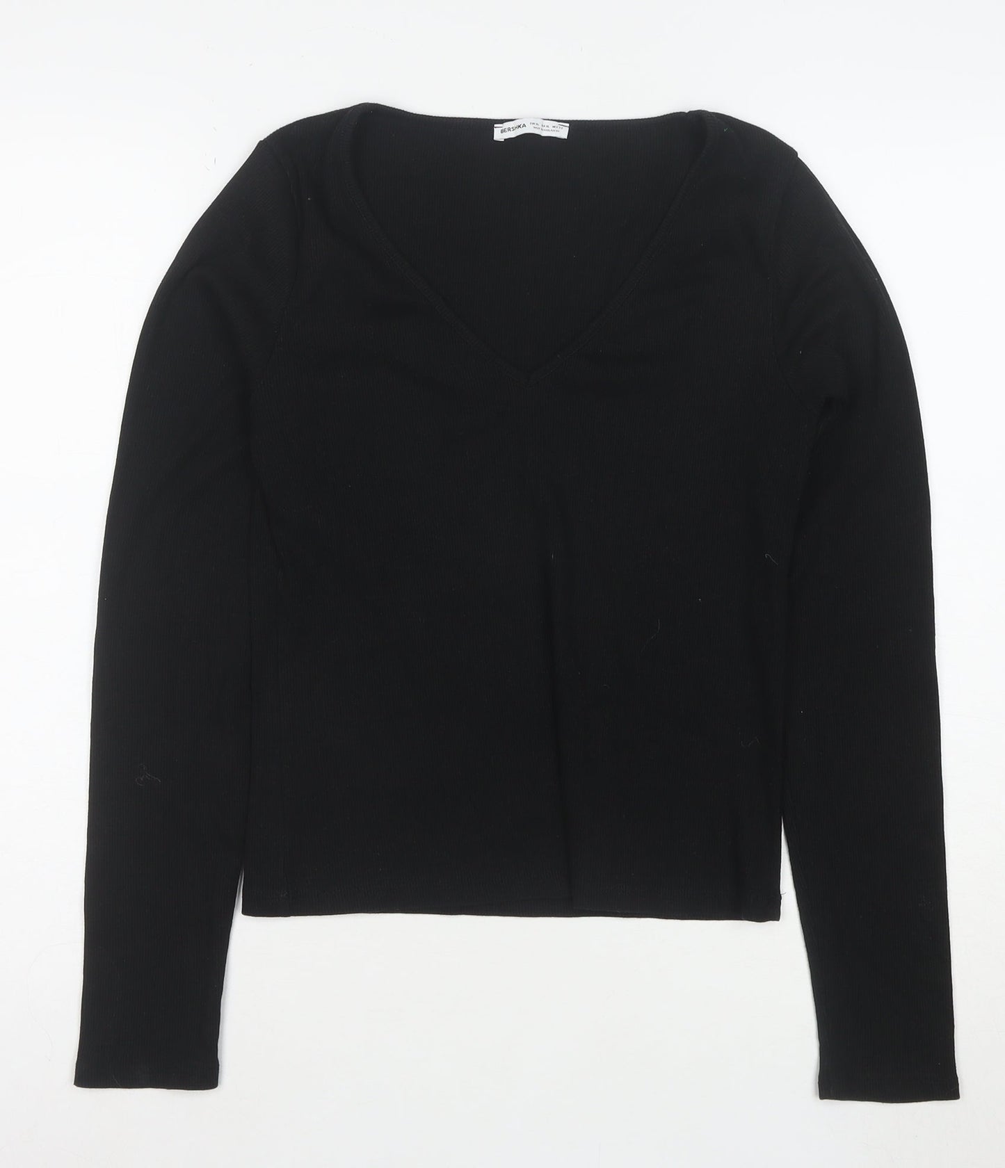 Bershka Women’s Black V-Neck Long Sleeve Slim Cotton Top L