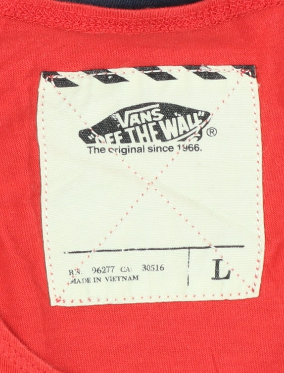 Vans Men's Red and Navy Sleeveless Cotton T-Shirt Size L