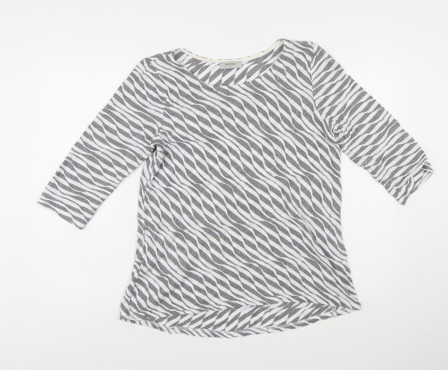 Soon Women's Grey Striped 3/4 Sleeve Cotton T-Shirt Size 12
