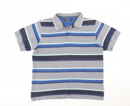 Maine New England Men's Blue Striped Cotton Polo Shirt L