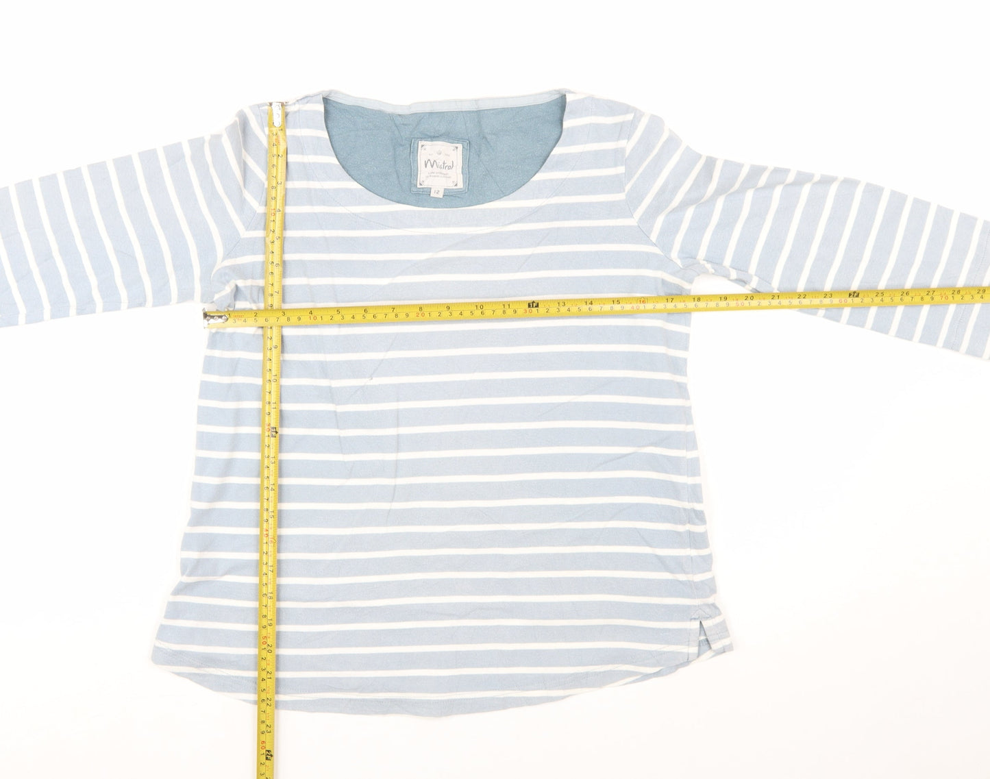 Mistral Women's Blue Striped 3/4 Sleeve Cotton T-Shirt Size 12