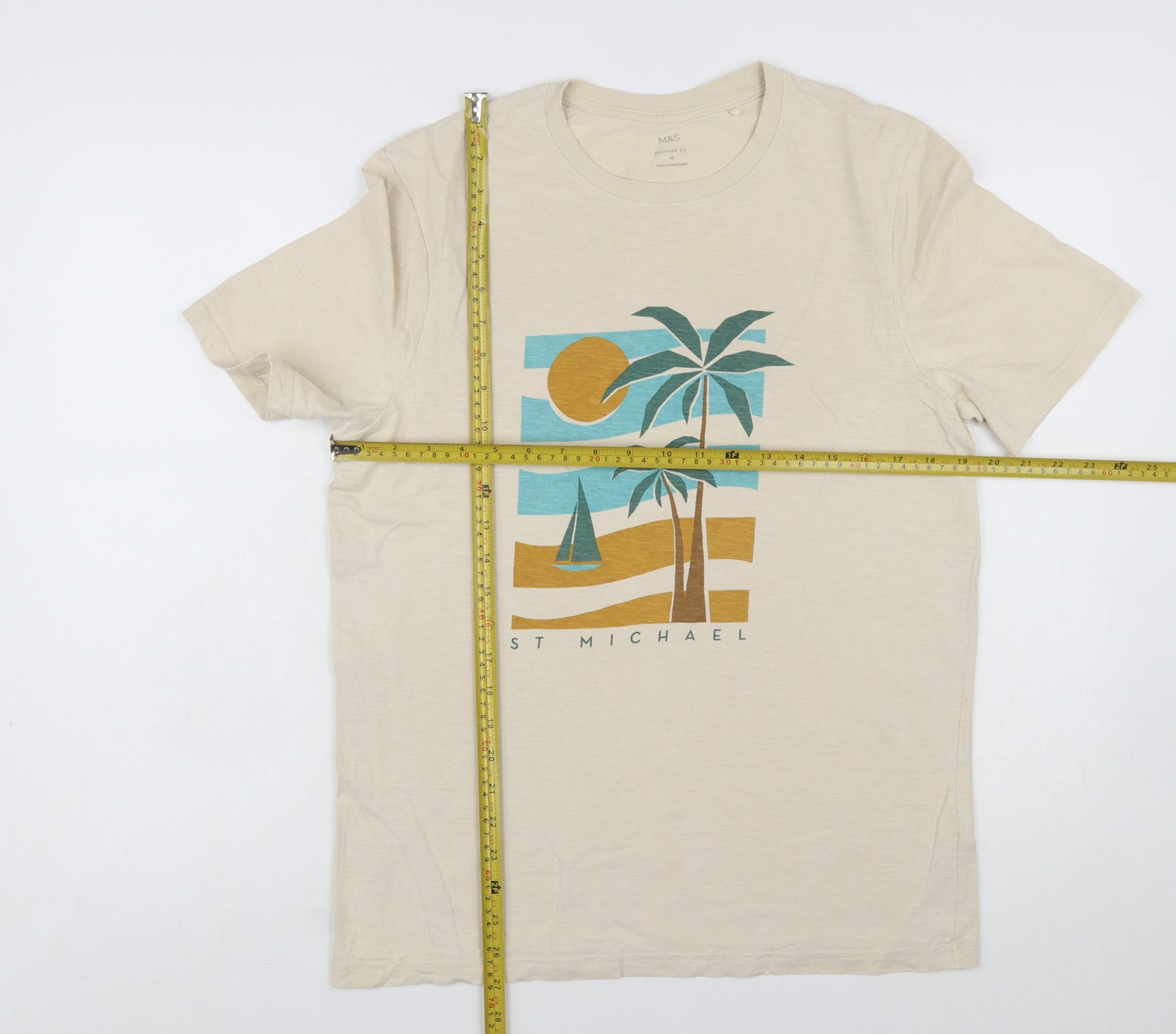 Marks and Spencer Men’s Beige Graphic Palm Beach Cotton T-Shirt Size M