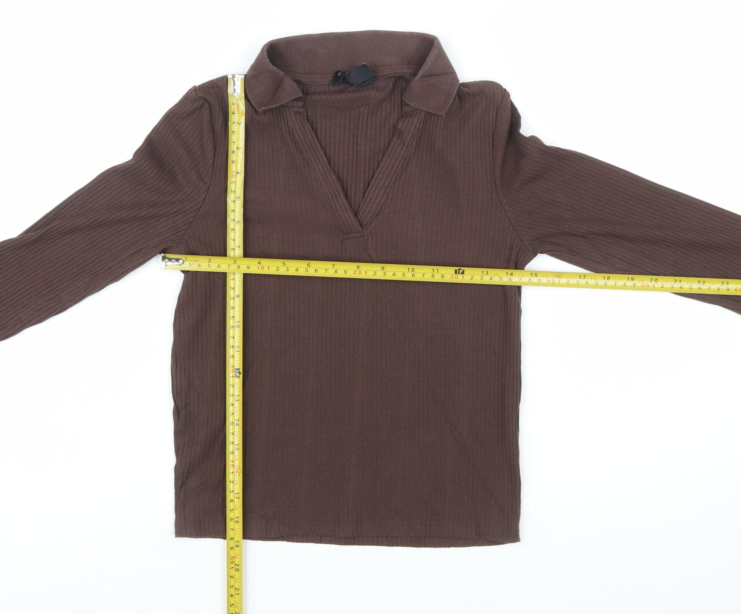 New Look Women's Brown Ribbed Collared Long Sleeve Slim Fit Top UK 10
