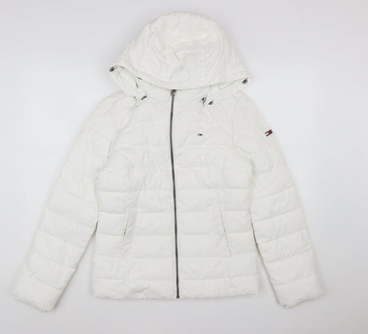Tommy Jeans Women's White Puffer Jacket Hooded Short Size S
