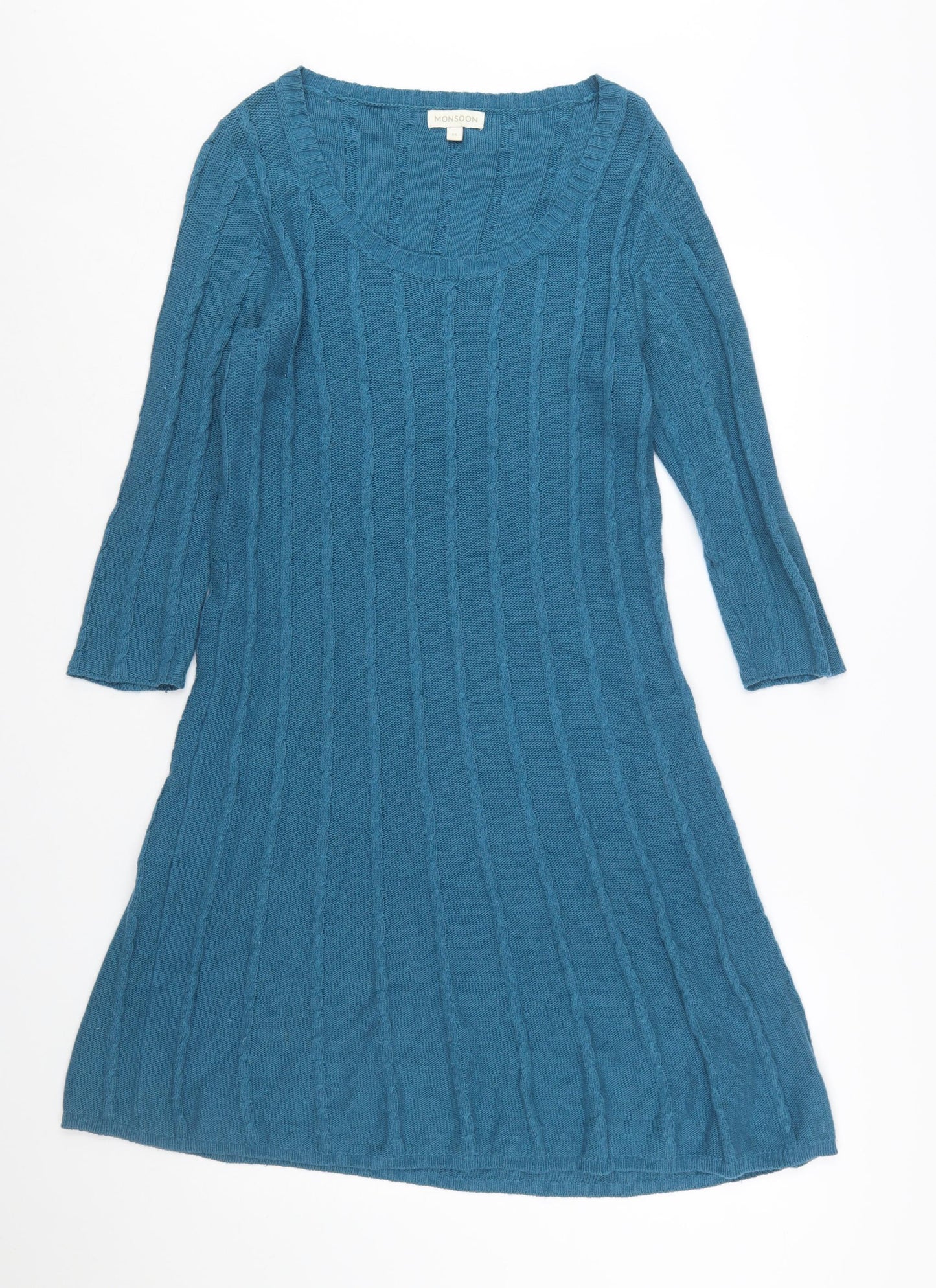 Monsoon Women’s Blue Knit Jumper Dress M 3/4 Sleeve Cotton Angora