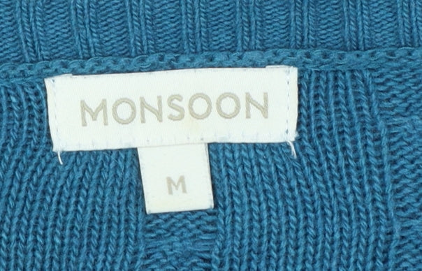 Monsoon Women’s Blue Knit Jumper Dress M 3/4 Sleeve Cotton Angora