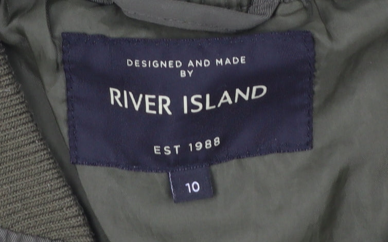 River Island Women's Green Bomber Jacket Size 10 Zip Casual Autumn