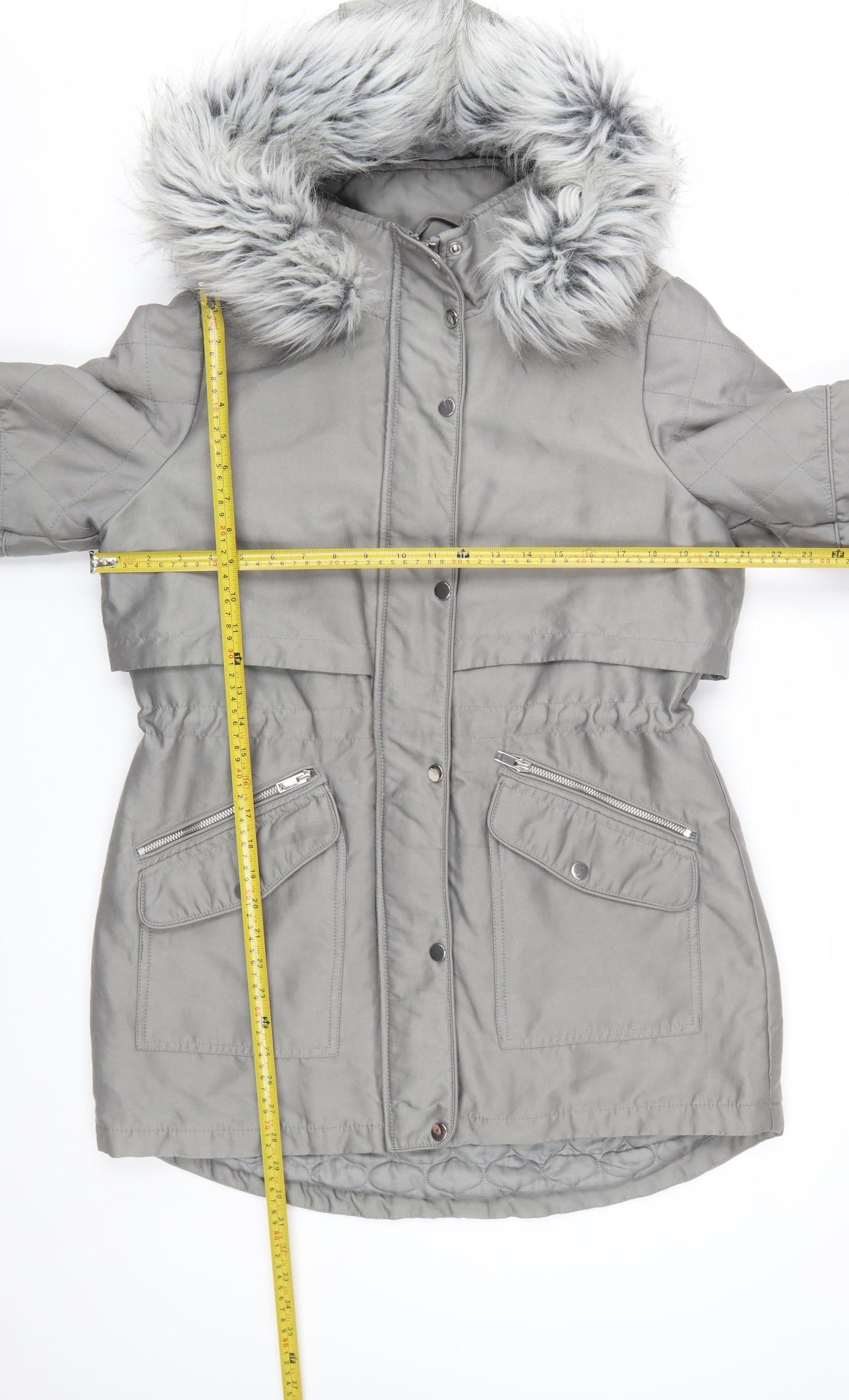 Next Petite Women’s Grey Faux Fur Hooded Parka Coat Size 14P