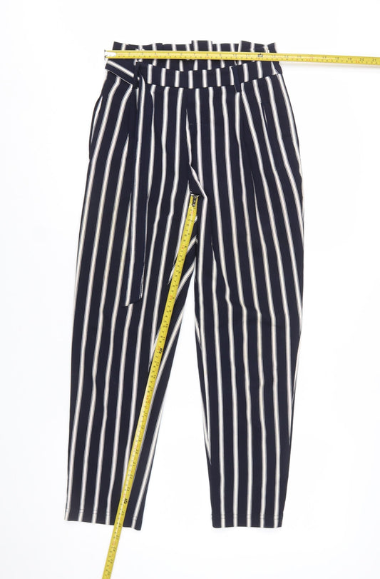 Stradivarius Women Blue Striped Paperbag Trousers Size 8