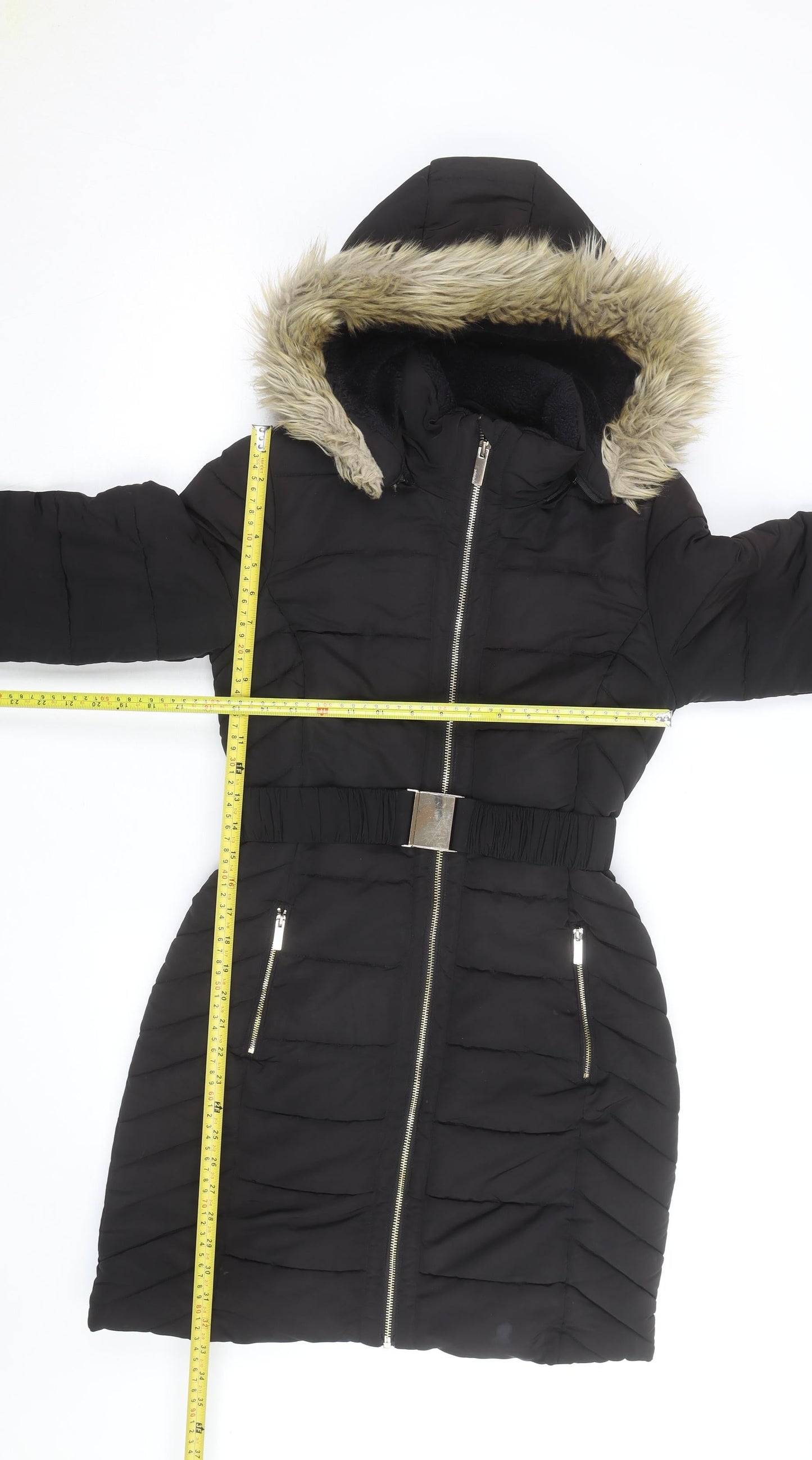 Principles Petite Black Faux Fur Trim Belted Puffer Coat Women’s Size 8