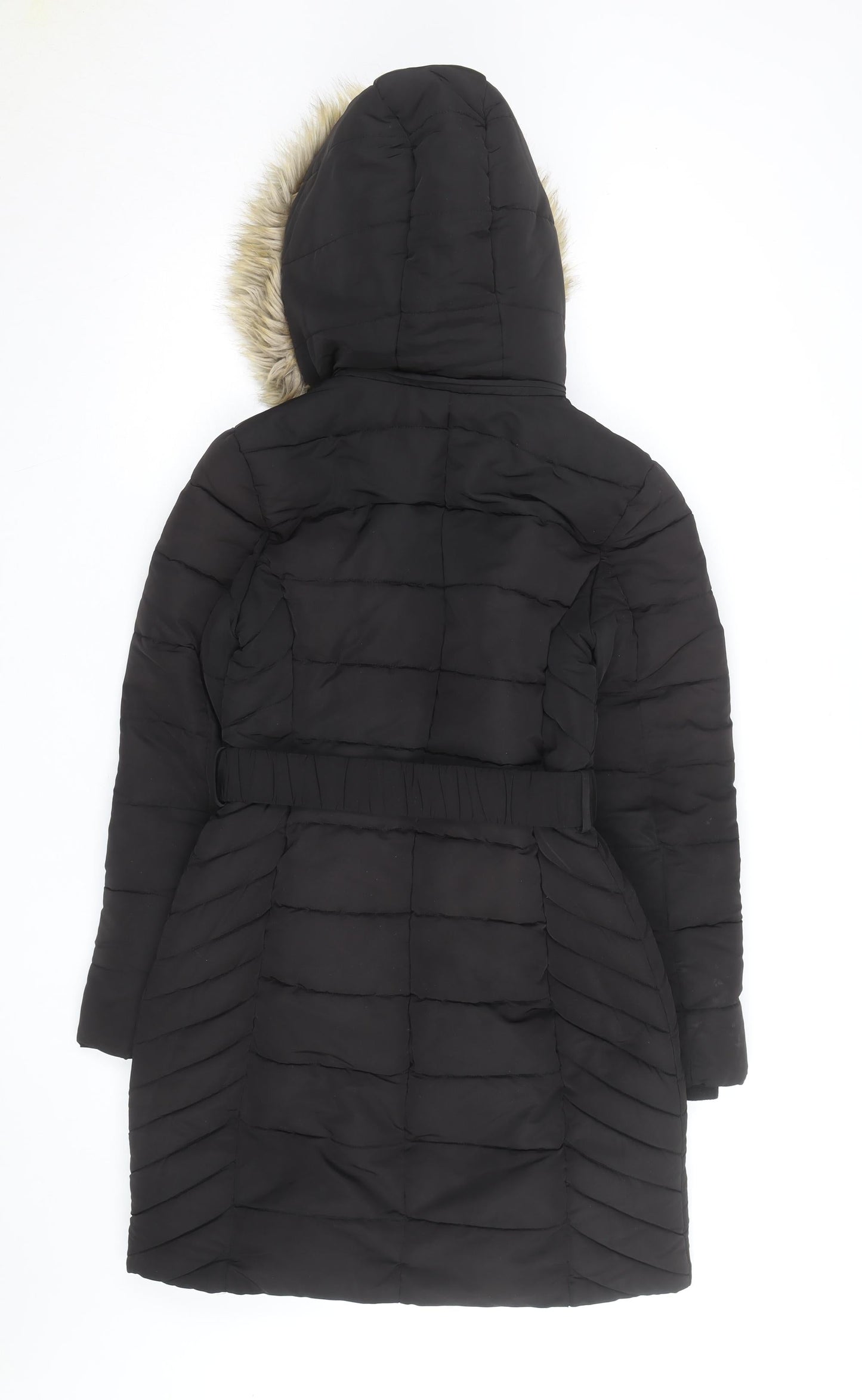 Principles Petite Black Faux Fur Trim Belted Puffer Coat Women’s Size 8