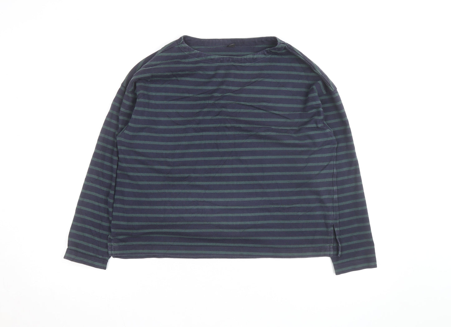 Uniqlo Men's Navy Green Striped Long Sleeve Cotton Top Size S