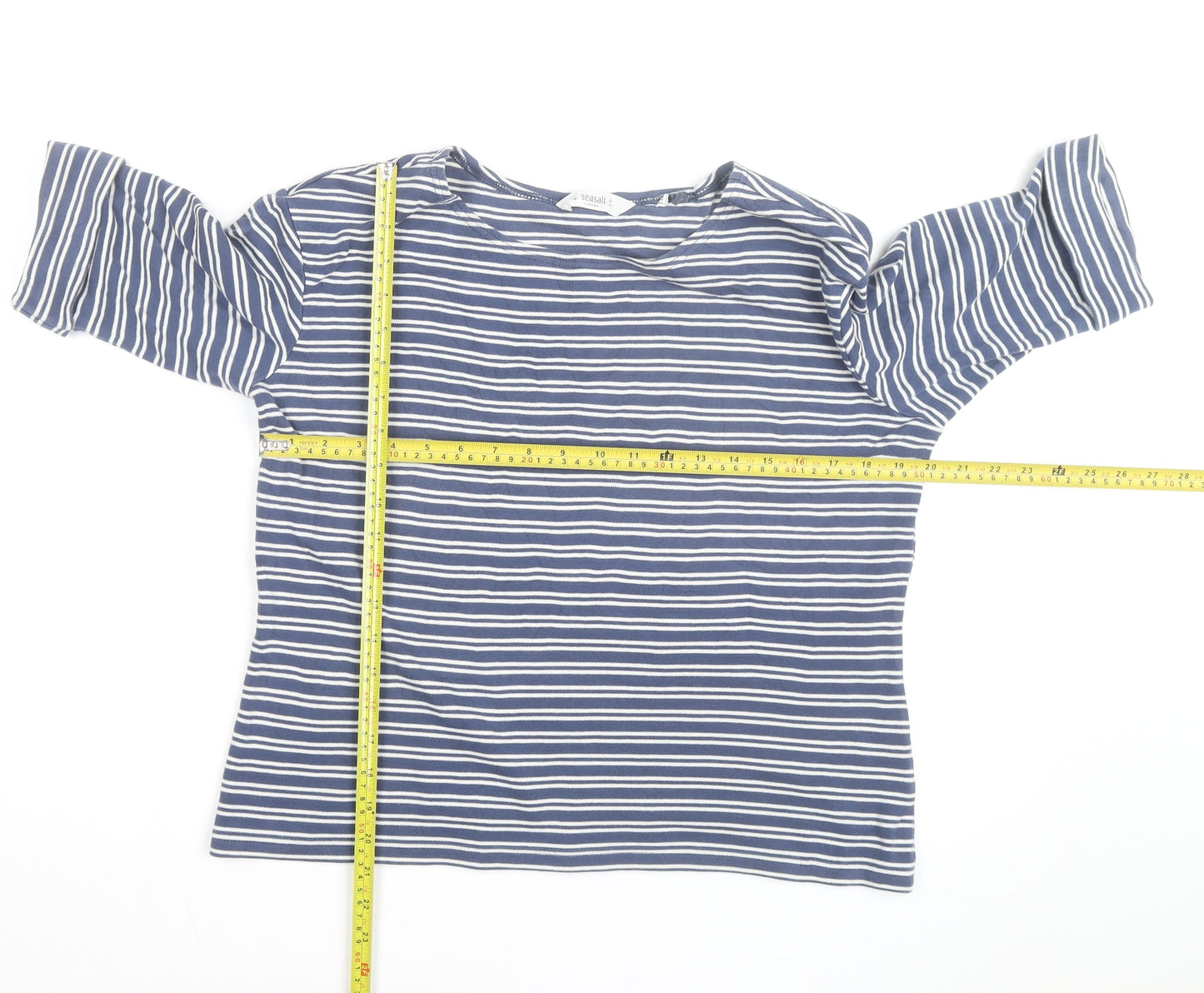 Seasalt Cornwall Women's Blue Striped Organic Cotton 3/4 Sleeve T-Shirt Size 14