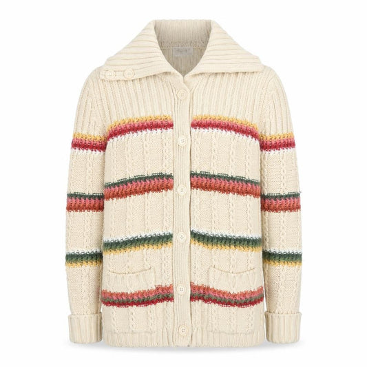 Import Men's Beige Striped Cable-Knit Cardigan L Long Sleeve
