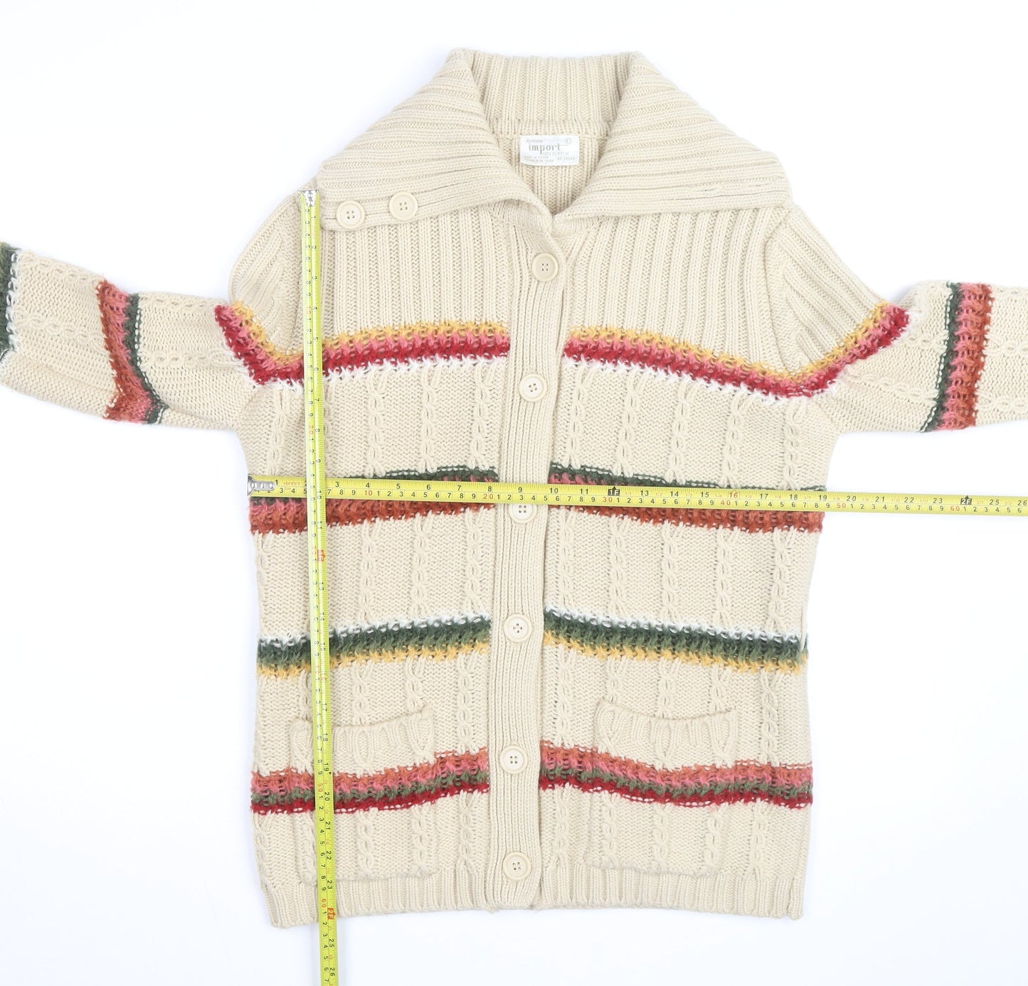 Import Men's Beige Striped Cable-Knit Cardigan L Long Sleeve