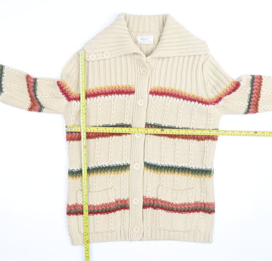 Import Men's Beige Striped Cable-Knit Cardigan L Long Sleeve