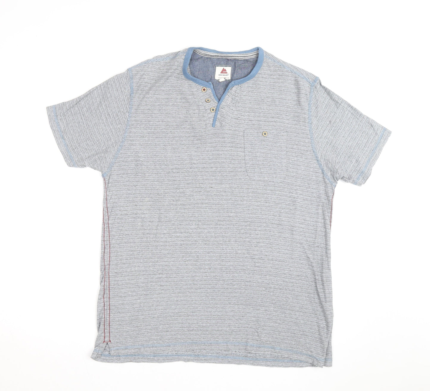 One Valley Men's Blue Henley Short Sleeve Cotton Blend T-Shirt Size M