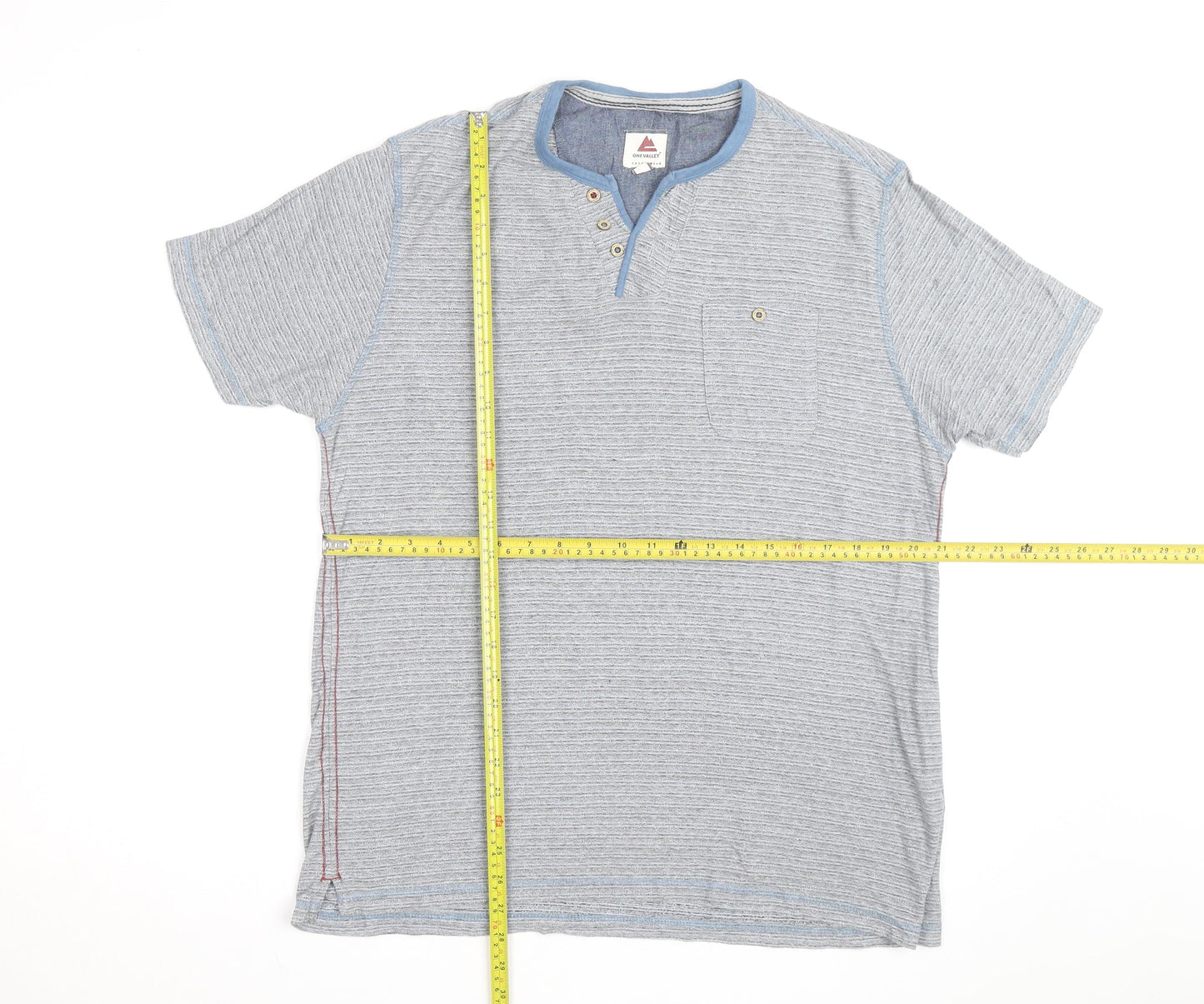 One Valley Men's Blue Henley Short Sleeve Cotton Blend T-Shirt Size M