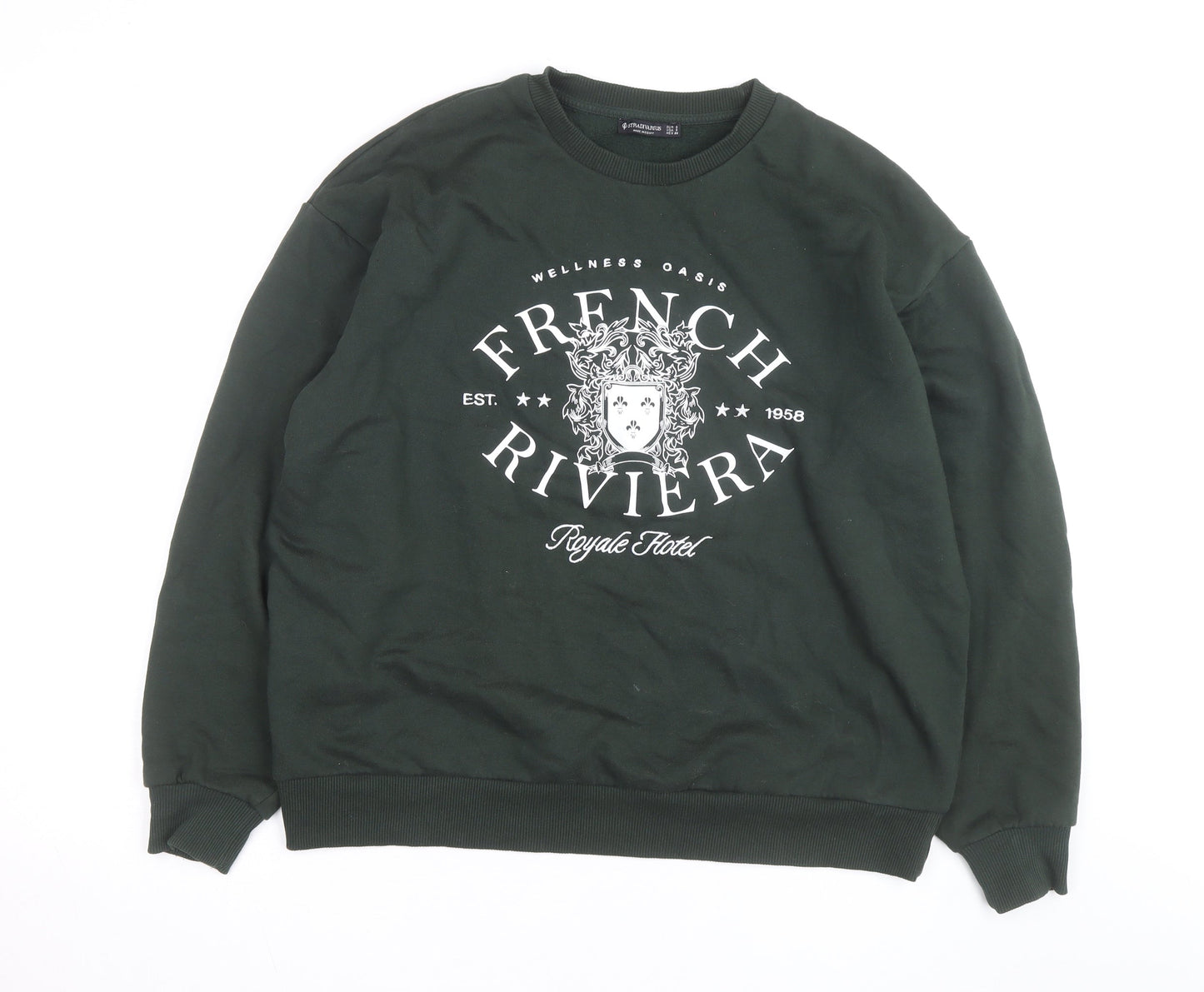 Stradivarius Unisex Dark Green French Riviera Graphic Sweatshirt Size S