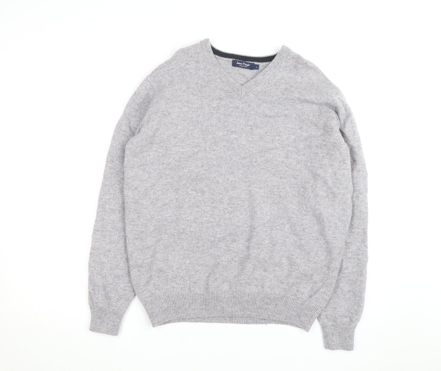 James Pringle Men's Grey Wool V-Neck Jumper Size L Classic Knit