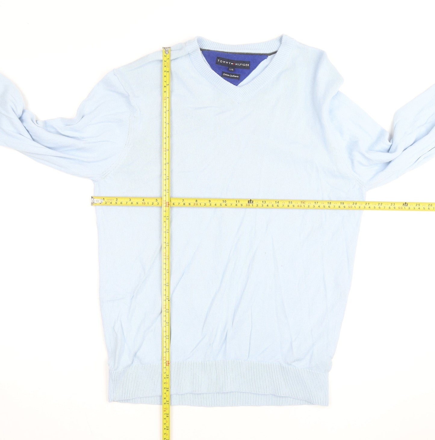 Tommy Hilfiger Men’s Blue Cotton Cashmere V-Neck Jumper Size L