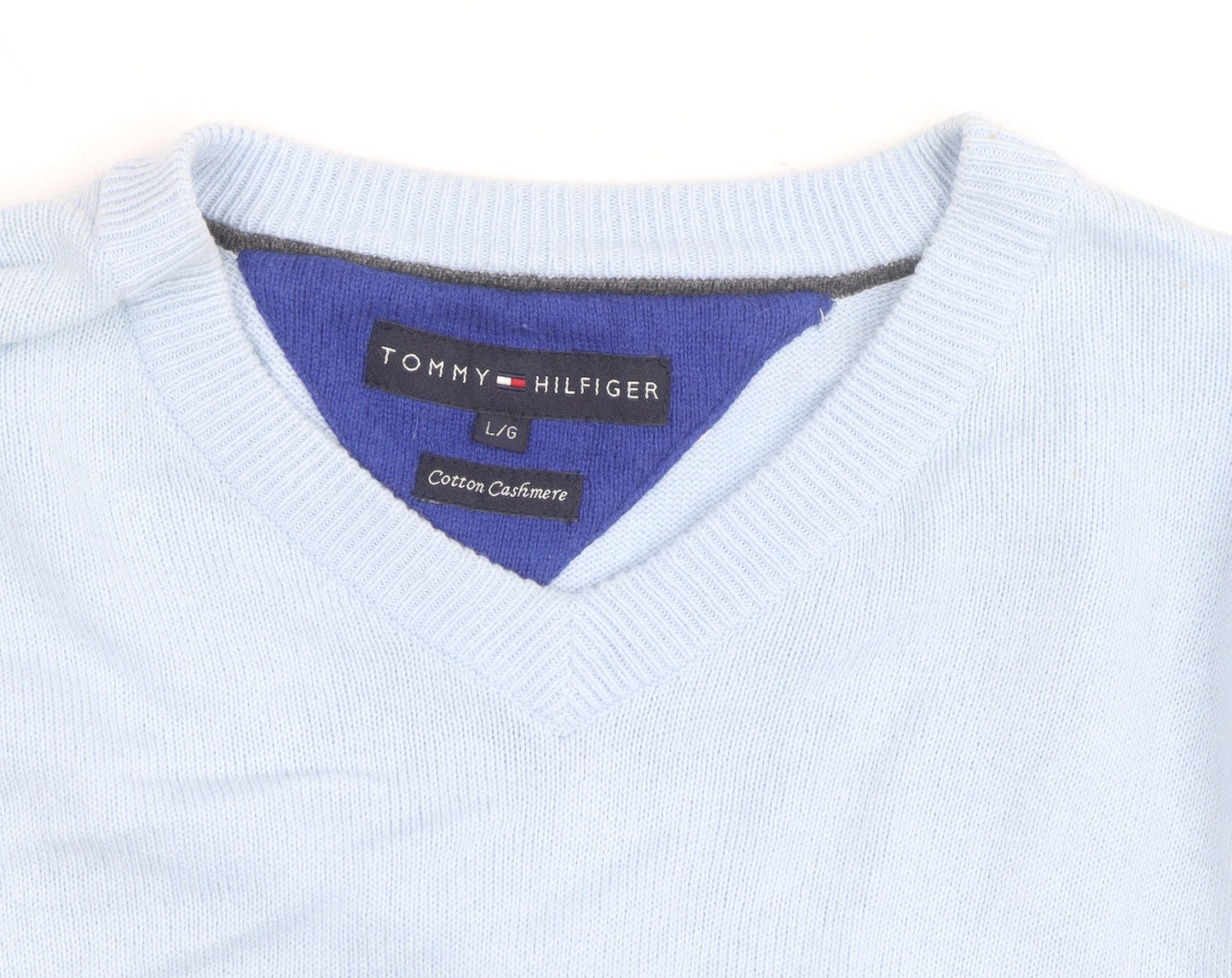 Tommy Hilfiger Men’s Blue Cotton Cashmere V-Neck Jumper Size L