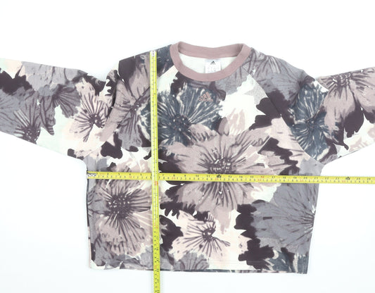 Adidas Women Beige Floral Print Crew Neck Pullover Sweatshirt Size 10