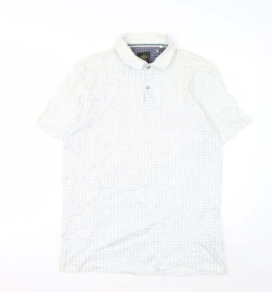 Next Men's White Geometric Cotton Polo Shirt Size M