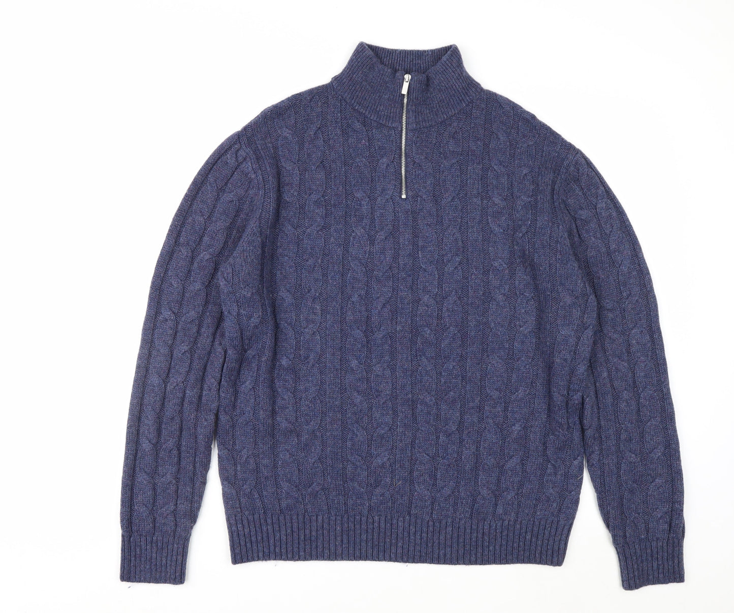 Next Men's Blue Cable Knit Half Zip Wool Blend Jumper M