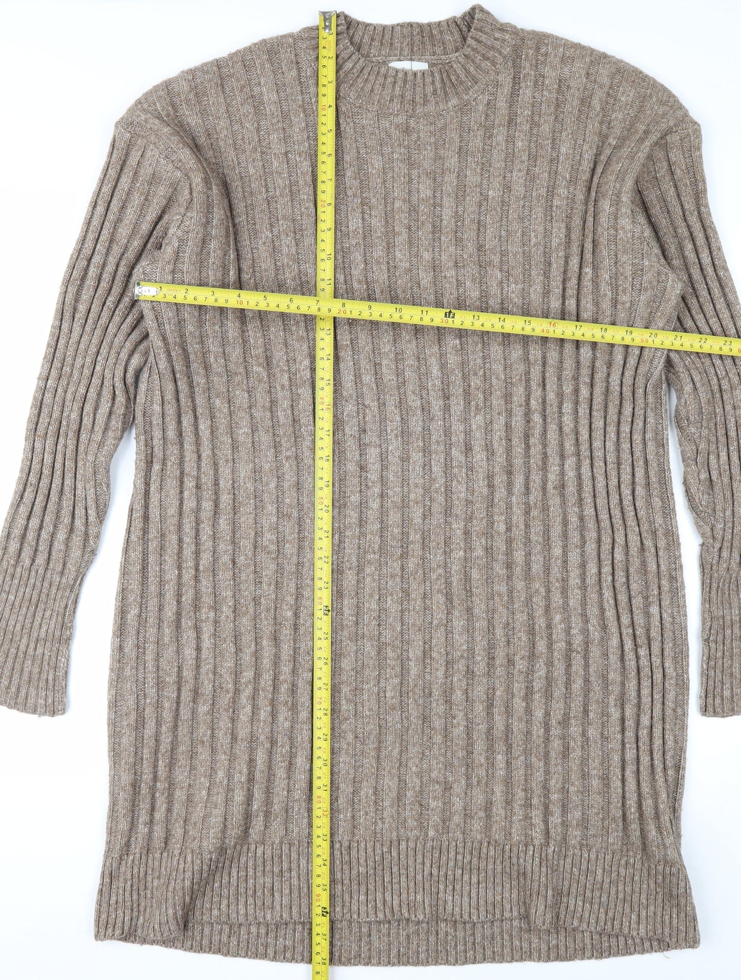 H&M Women Beige Knit Jumper Dress Size 12 Long Sleeve Crew Neck