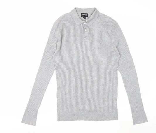 boohooMAN Men's Grey Long Sleeve Knitted Polo Size L Classic Fit