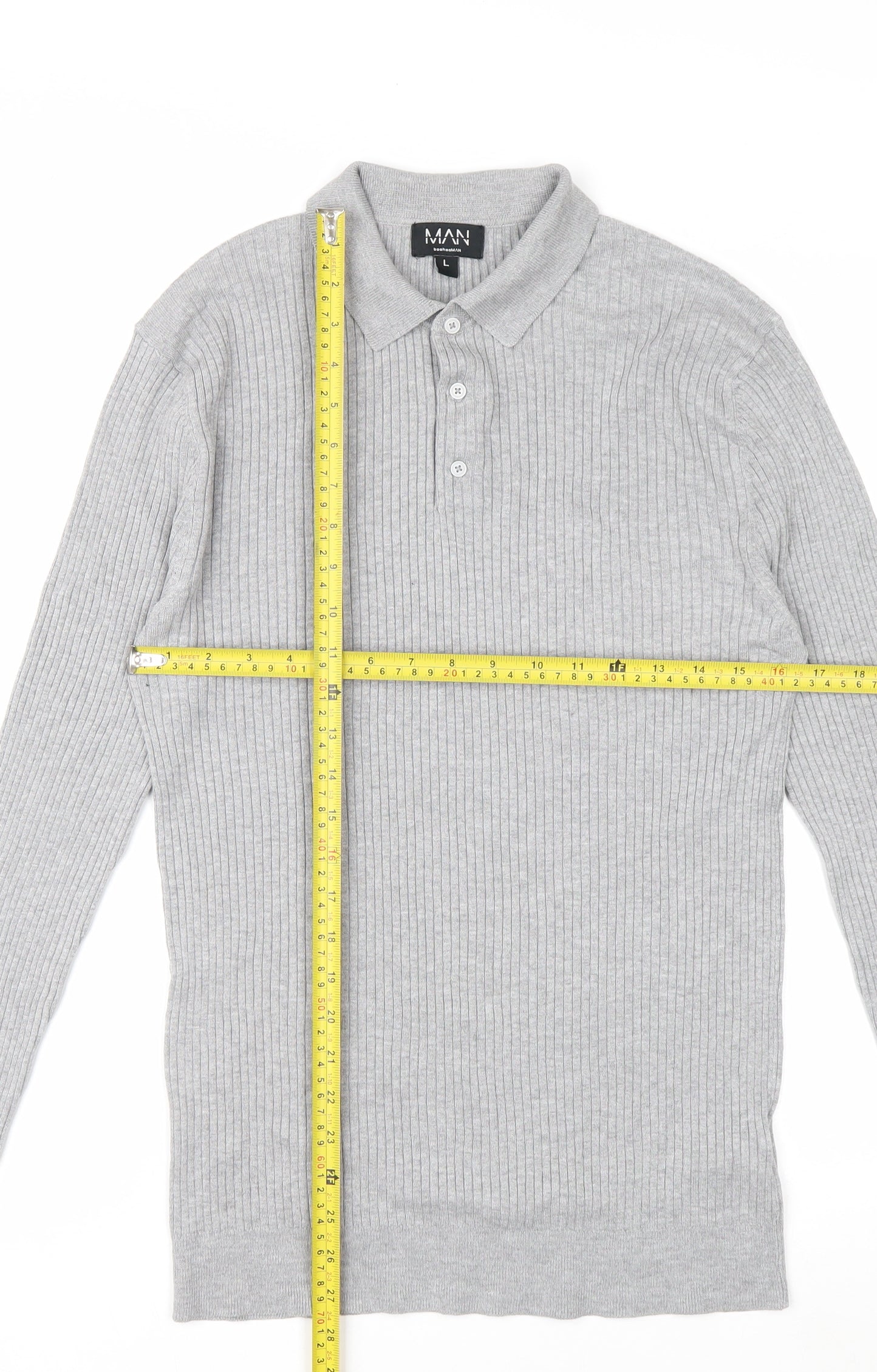 boohooMAN Men's Grey Long Sleeve Knitted Polo Size L Classic Fit