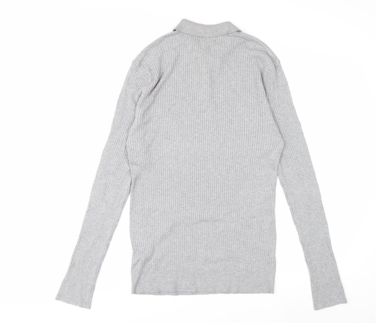 boohooMAN Men's Grey Long Sleeve Knitted Polo Size L Classic Fit