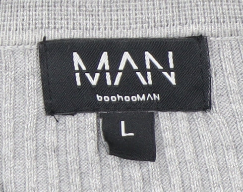 boohooMAN Men's Grey Long Sleeve Knitted Polo Size L Classic Fit