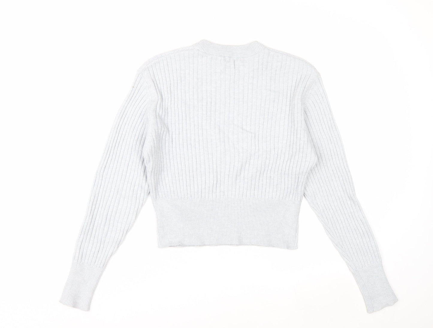 Pull&Bear Women's Grey Ribbed Knit Slim Fit Crew Neck Jumper Size S