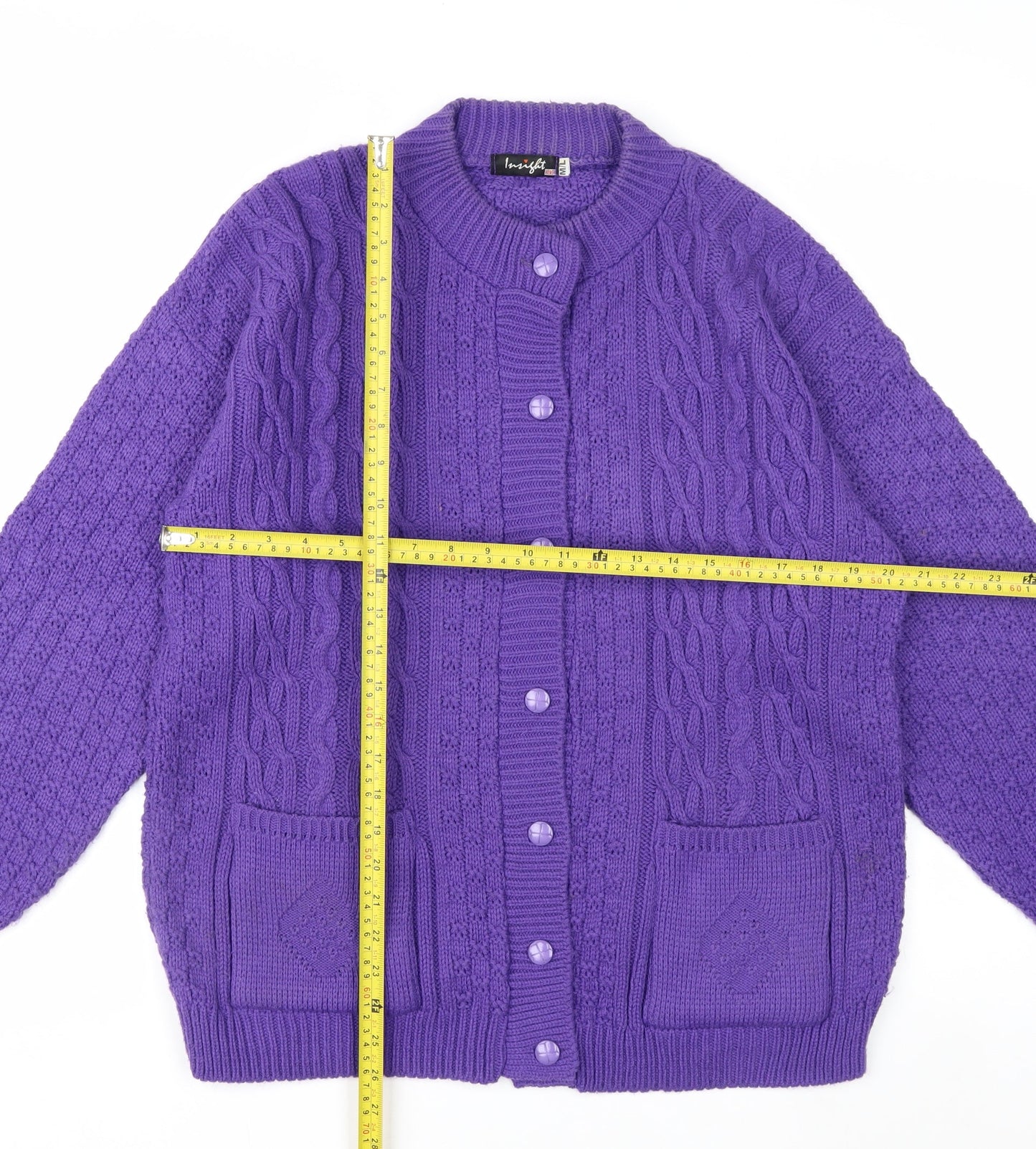 Insight Women Purple Cable Knit Cardigan M Acrylic Crew Neck