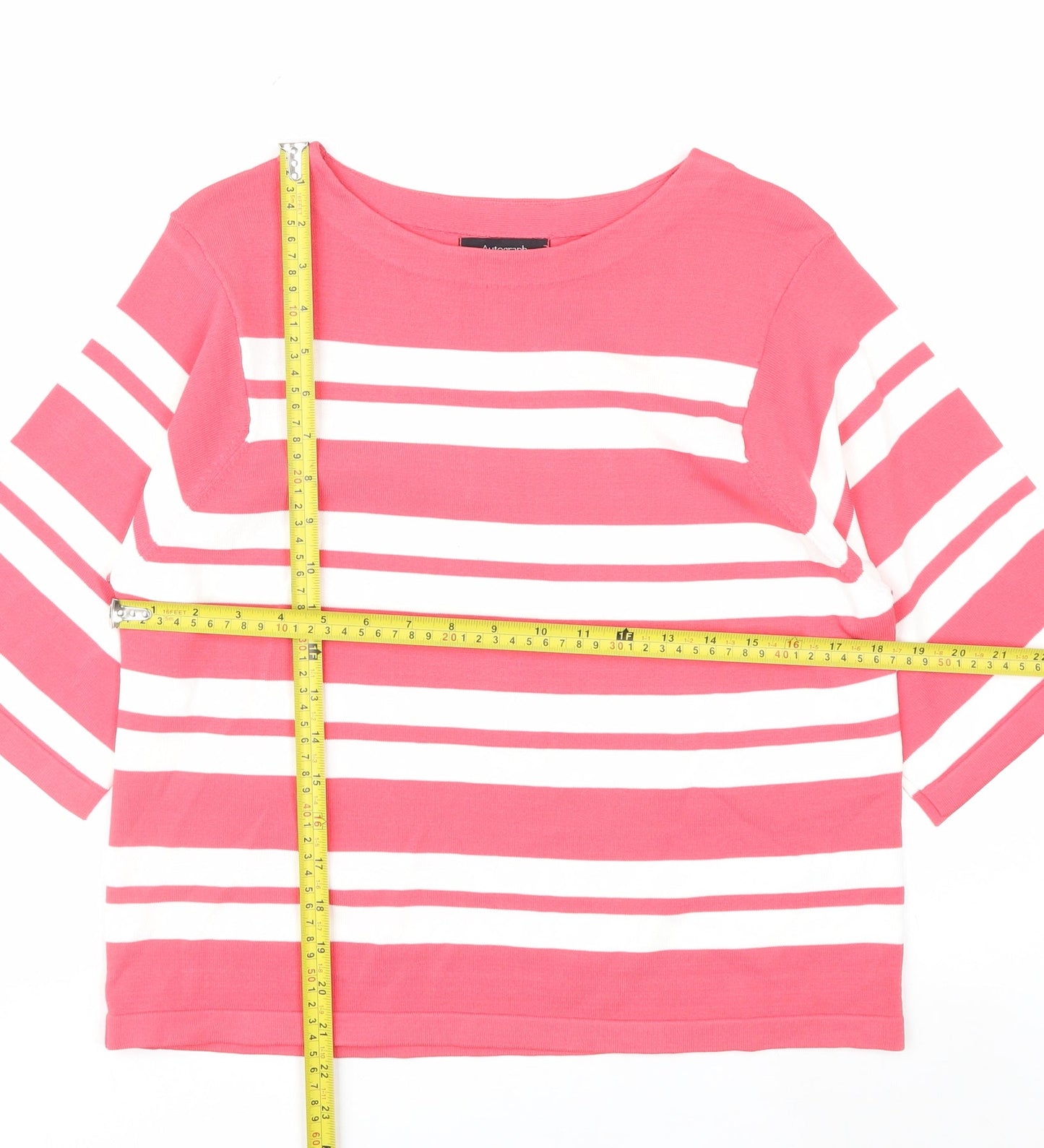 Marks and Spencer Women Pink Striped Boat Neck T-Shirt Size 8