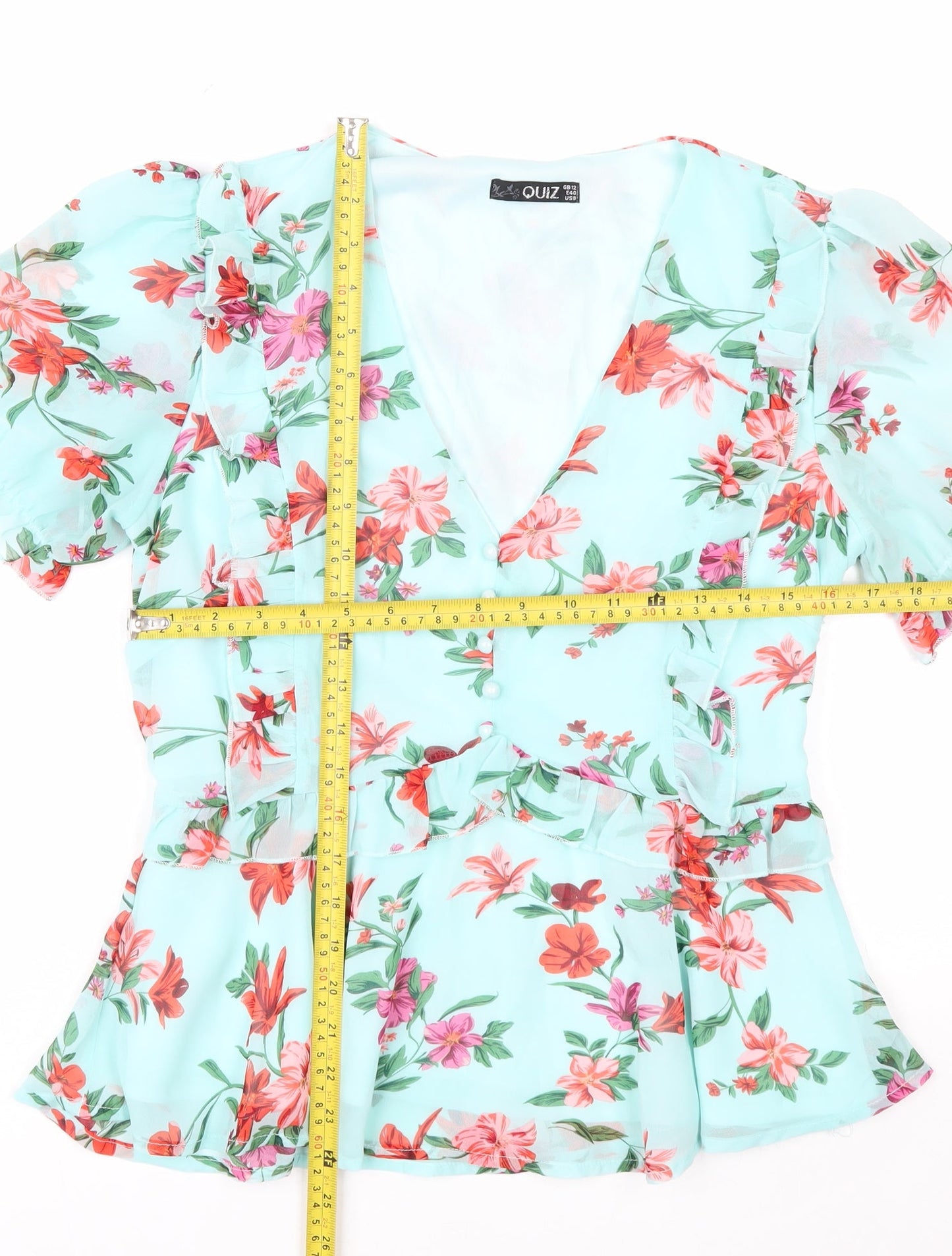 Quiz Women’s Blue Floral Wrap Blouse Size 12 Puff Sleeve