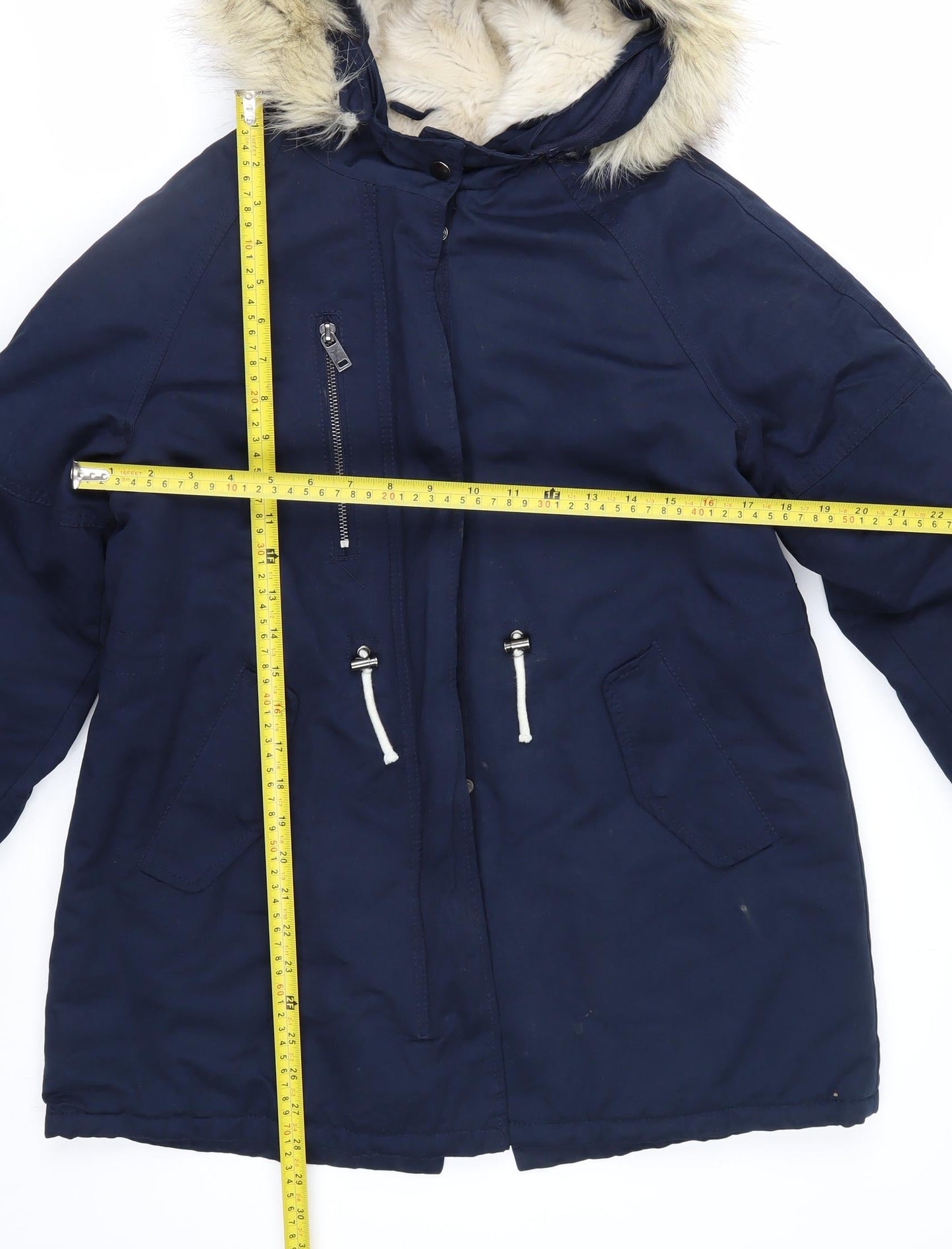 Zara Kids Girls Blue Faux Fur Hooded Long Parka Coat 13-14 Years