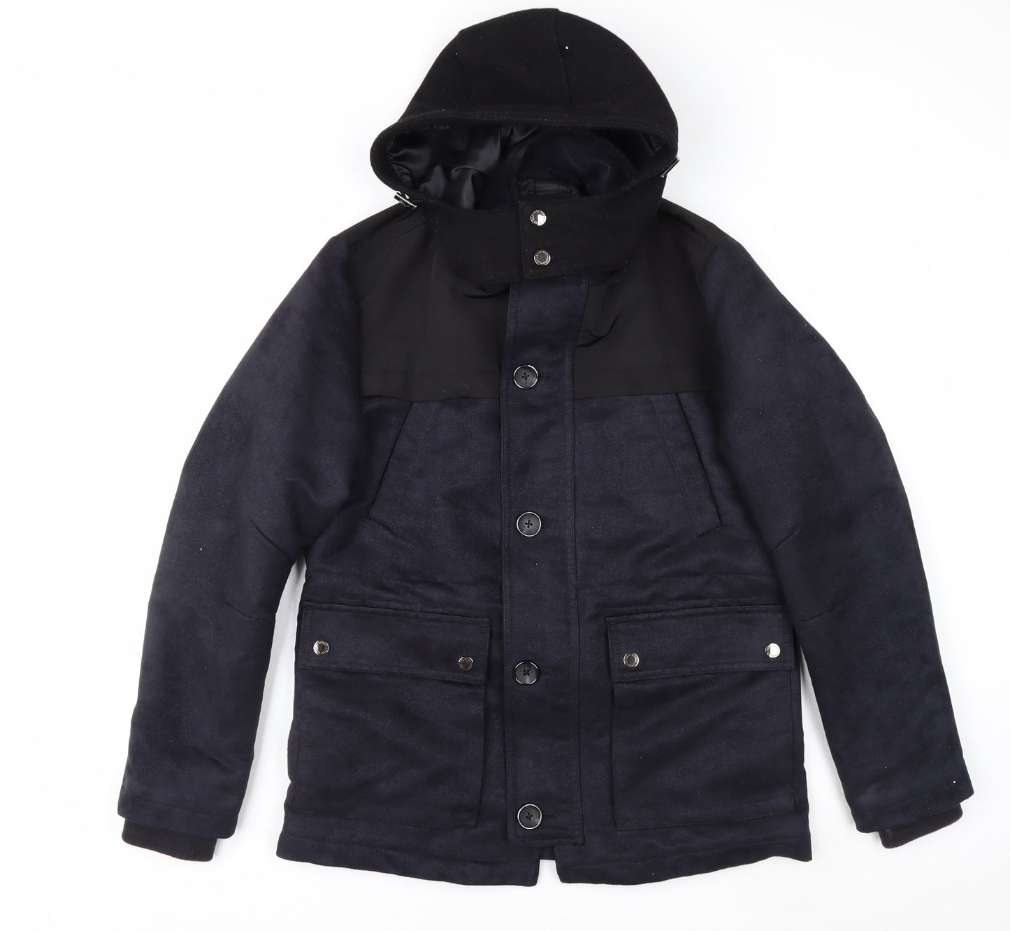 G2000 Men Blue Hooded Wool Trim Winter Parka Jacket Size 36