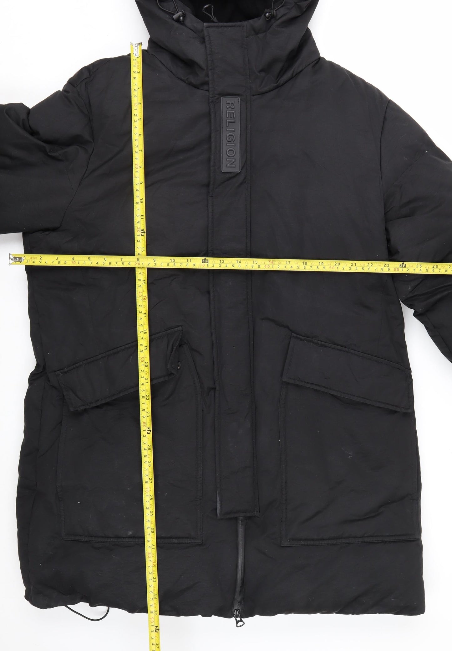 Religion Men’s Black Long Hooded Puffer Coat L Winter Insulated Jacket