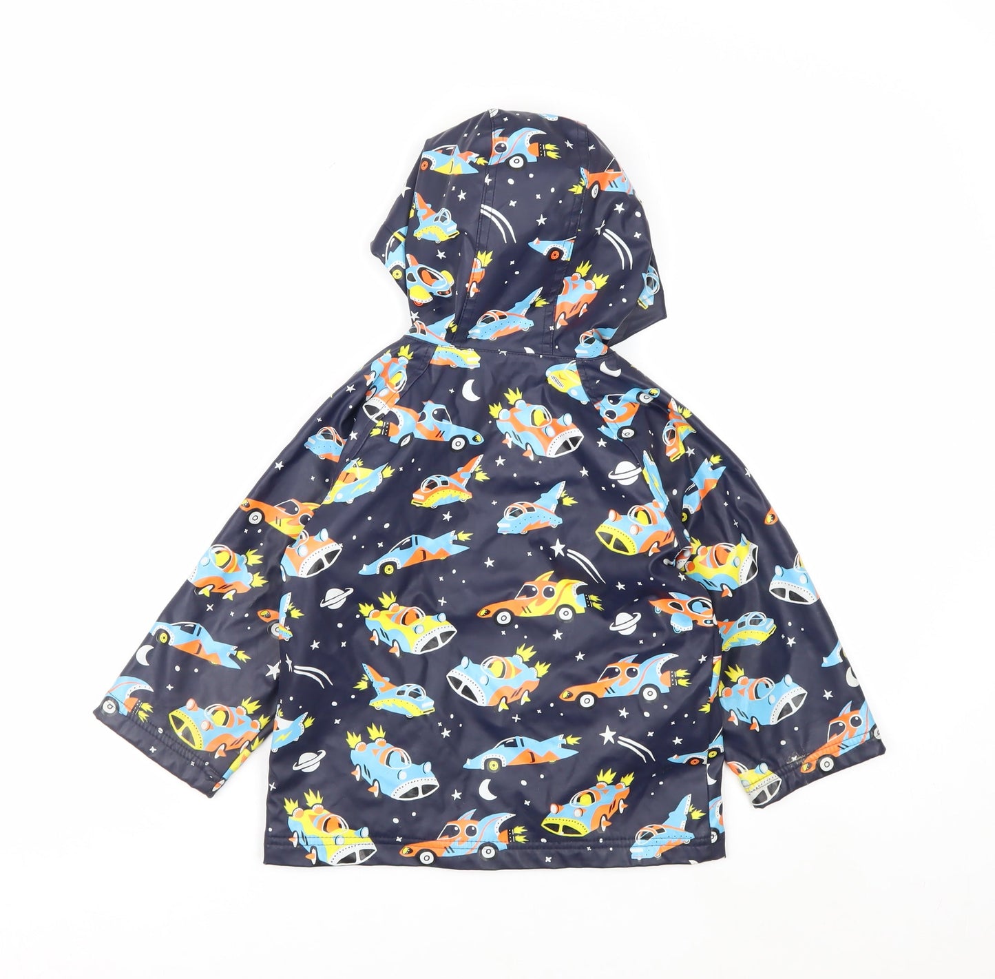 Hatley Boys Blue Space Cars Waterproof Hooded Rain Coat Size 4 Years