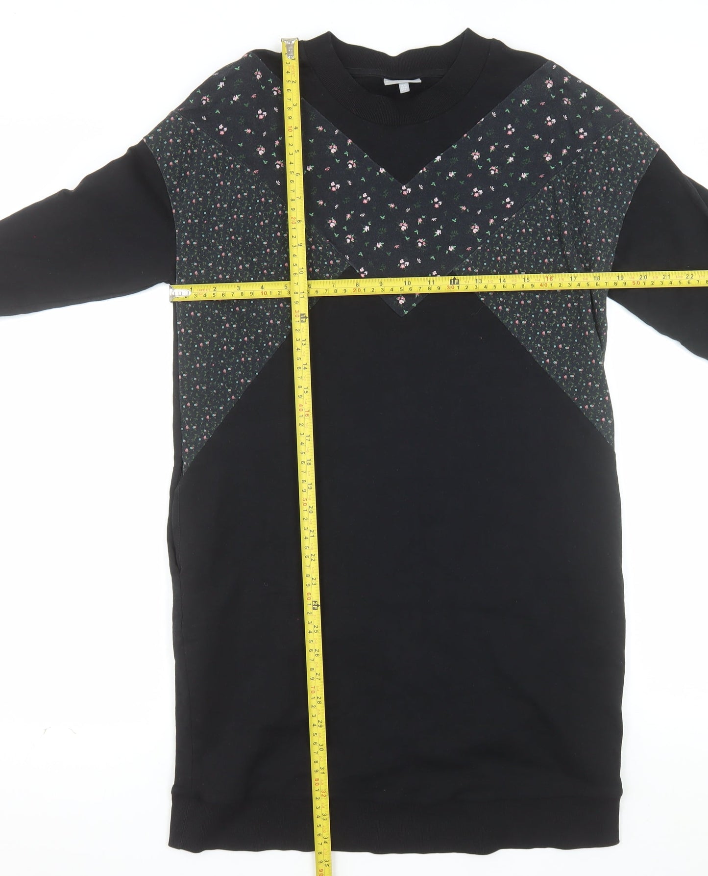 Oliver Bonas Womens Black Floral Panel Long Sleeve Pullover Sweatshirt Dress UK 12