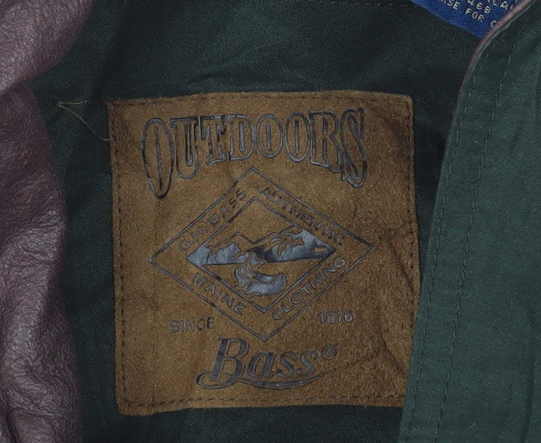 Bass Men's Green Cotton Field Jacket L Leather Collar Outdoor Style