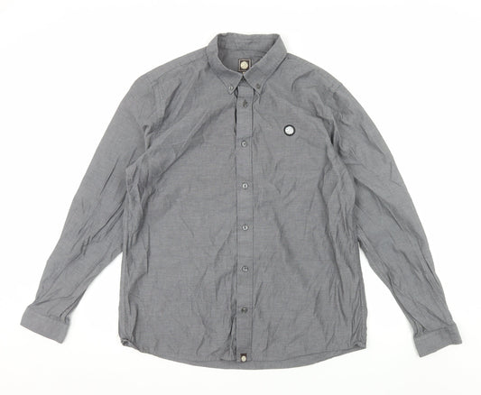 Pretty Green Men's Grey Long Sleeve Button-Down Cotton Shirt L