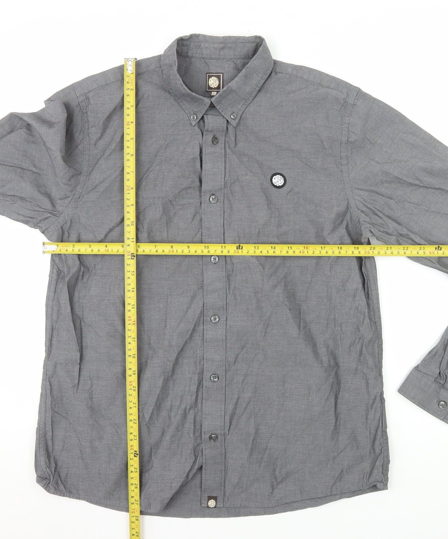 Pretty Green Men's Grey Long Sleeve Button-Down Cotton Shirt L