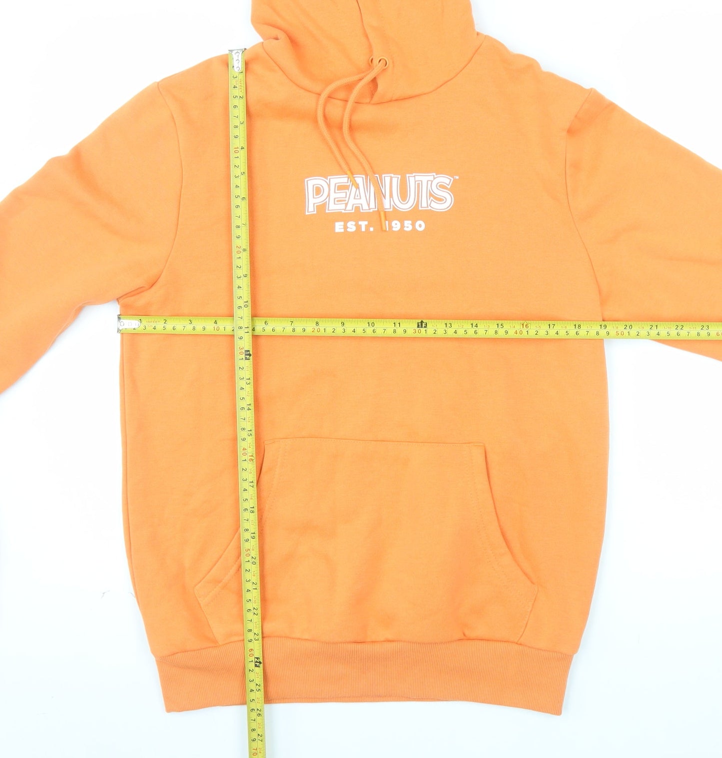 Peanuts Men’s Orange Pullover Hoodie Small Cartoon Graphic